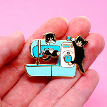 Load image into Gallery viewer, Blue sewing machine kittens enamel pin