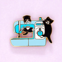 Load image into Gallery viewer, Blue sewing machine kittens enamel pin