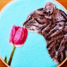 Load image into Gallery viewer, Wool painting of a cat smelling a tulip